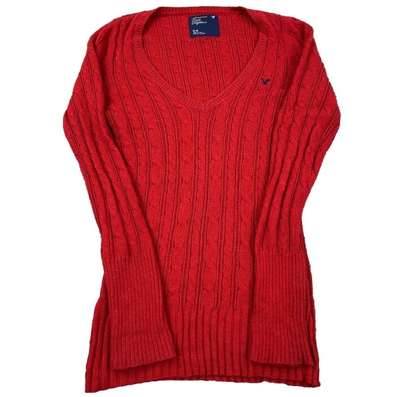 Vintage Y2K American Eagle Sweater Women LG 2000s Red & Blue Cable Knit V Neck - Picture 1 of 6